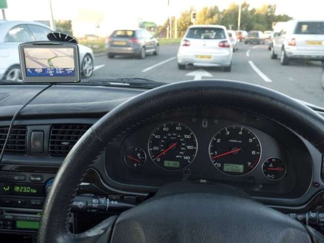 Traffic jam viewed from inside car