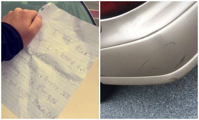 Motorista bate carro em outro estacionado e deixa bilhete bizarro no veículo