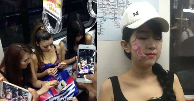 Modelos usam preservativos no rostos e corpo dentro de metrô 