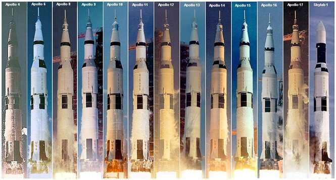 Todas as missões lançadas por foguetes Saturno V. Foto: MegaCurioso