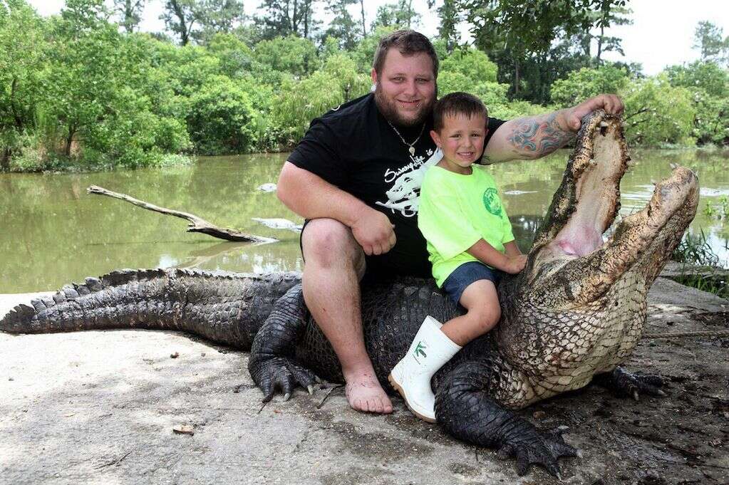 Menino sentado em jacaré chama atenção em apresentação