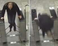 Homem tenta saltar sobre máquina de bilhetes em estação de metrô e acaba inconsciente ao cair de cara no chão