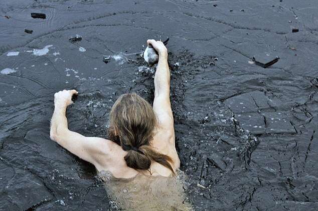 Homem mergulha em lago congelado e salva pato preso no gelo