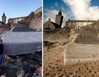 Maré alta retira toda areia de praia na Inglaterra mas devolve tempos depois