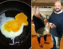 Homem leva susto ao encontrar imagem de galinha quando fritava ovo em frigideira