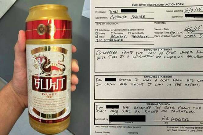 Chefe emite documento de advertência após encontrar lata de cerveja na mesa de funcionário mas mal sabia que objeto tinha uma surpresa