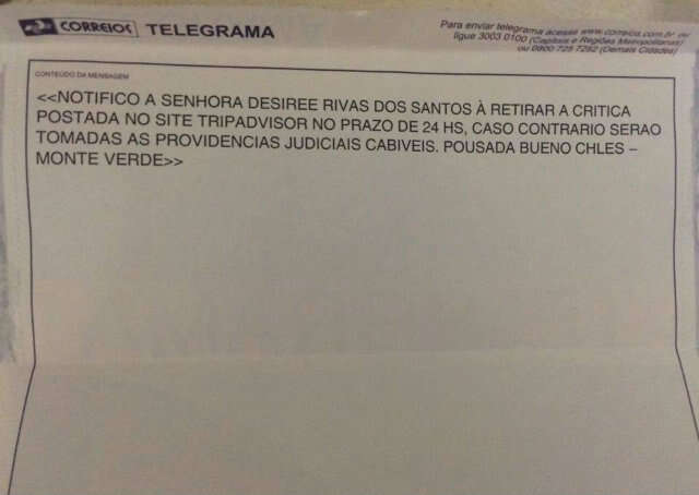 Hóspede é ameaçada com processo após criticar pousada 