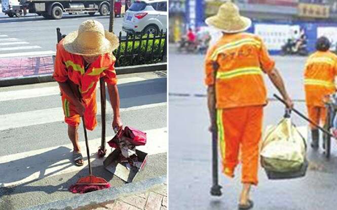 Amputado de 69 anos mostra superação trabalhando como gari