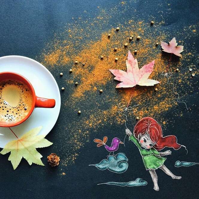 Artista cria belas ilustrações com ajuda de migalhas do café da manhã