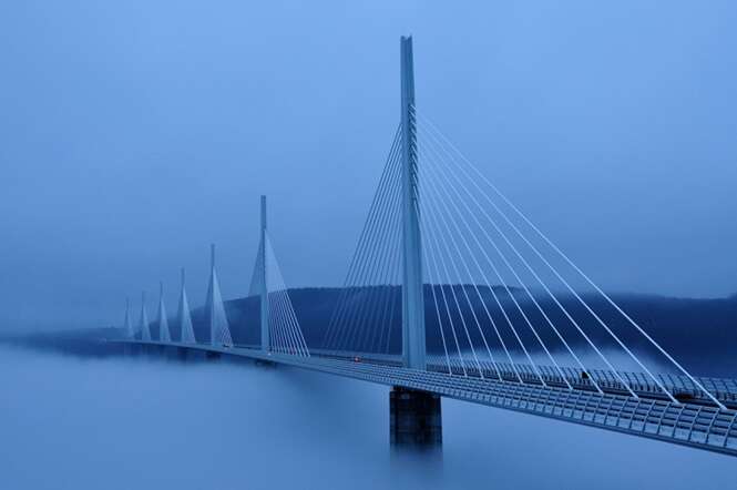 Millau viaduct viaduc  in clouds and fog. Image shot 2009. Exact date unknown.