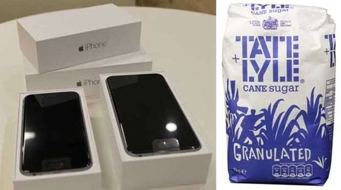 Homem paga equivalente a R$ 3 mil por dois iPhones 6s e acaba recebendo saco de açúcar Homem paga equivalente a R$ 3 mil por dois iPhones 6s e acaba recebendo saco de açúcar