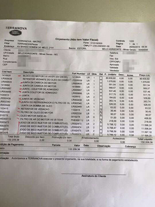 Orçamento para manutenção em concessionária Land Rover supera R$ 130 mil e internauta fica furioso