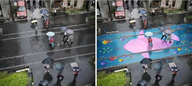 Pinturas coloridas aparecem em rua quando está chovendo