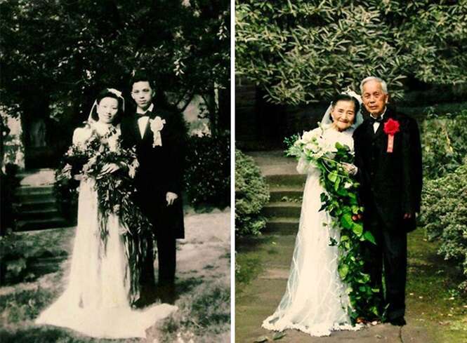 70 anos depois, casal de idosos com quase 100 anos cada recria fotos do próprio casamento