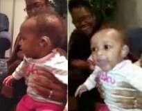 Bebê dá gritos de alegria ao ouvir a voz de sua mãe pela primeira vez após ser equipado com aparelhos auditivos