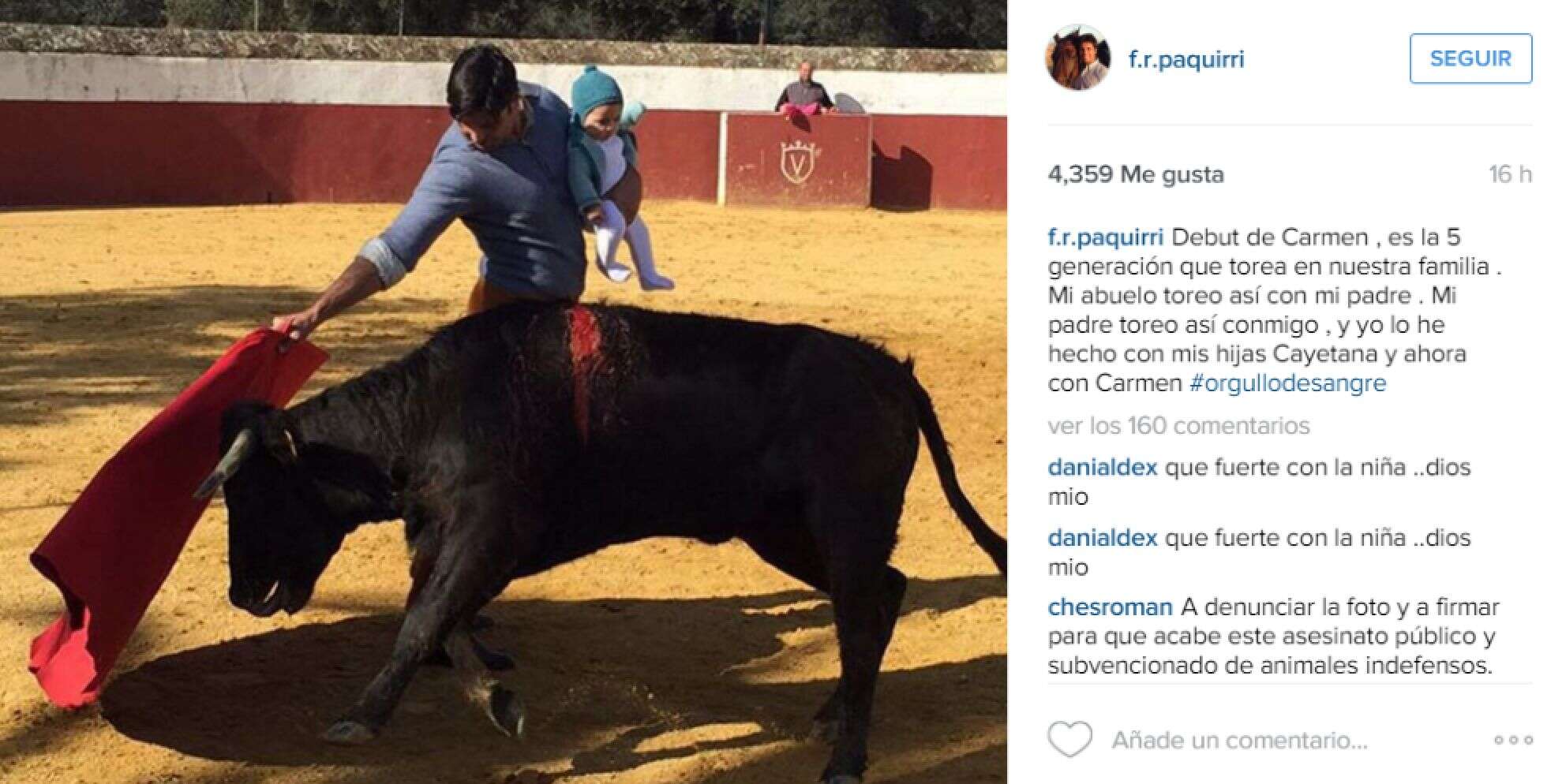 Toureiro causa revolta ao postar foto encarando touro enquanto carregava filha bebê no colo