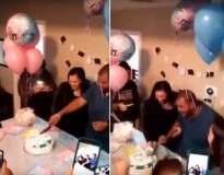 Pai de quatro meninas desmaia ao cortar bolo e descobrir que sua esposa está esperando um menino