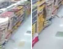 Vídeo assustador mostra momento em que pacotes de alimentos caem de prateleira de supermercado misteriosamente