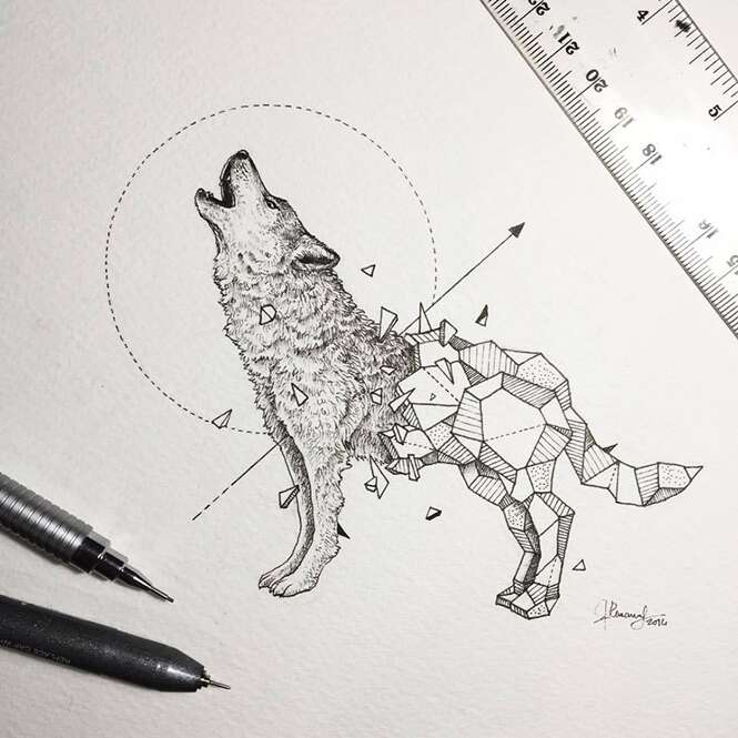 Artista mistura desenhos de animais selvagens com formas geométricas