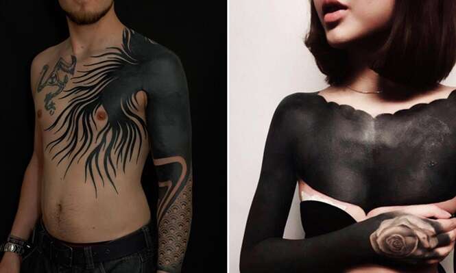Conheça a nova mania no mundo das tatoos: tatuagens blackout cobrem o corpo com tinta preta