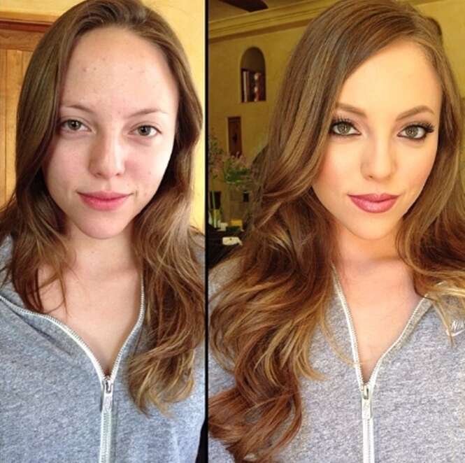 Antes e depois demonstrando o poder da maquiagem