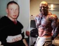 Adolescente problemático se transforma em fisiculturista de 127 quilos com mais de 40 tatuagens pelo corpo