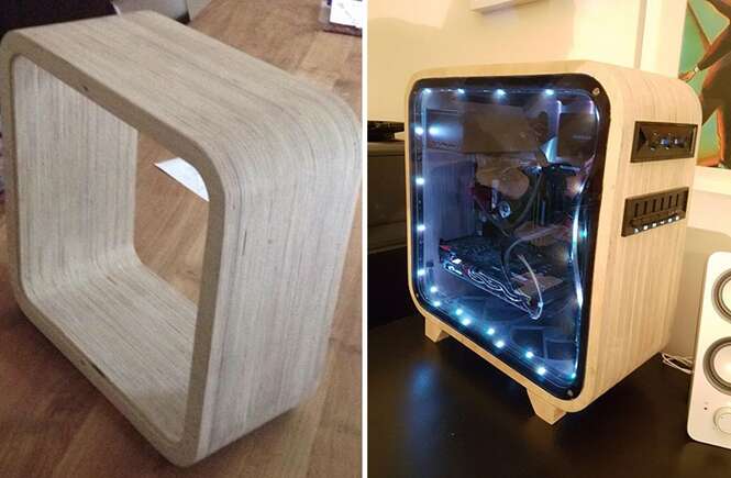 Homem cria gabinete de computador elegante feito de madeira