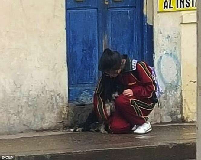 Menina é flagrada protegendo cão de rua da chuva e imagem comove internautas