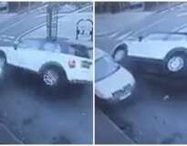 Vídeo: motorista quase capota carro ao subir pela lateral de van estacionada e foge como se nada tivesse acontecido