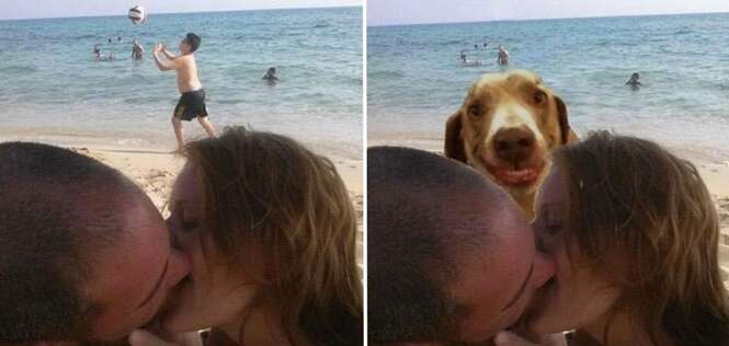 Casal pede ajuda a internautas para remover criança em foto de beijo e resultado é hilário