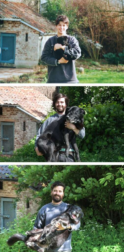 Homem recria fotos com seu cão durante os 15 anos de amizade