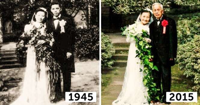 Casal de 98 anos recria fotos de casamento 70 anos depois