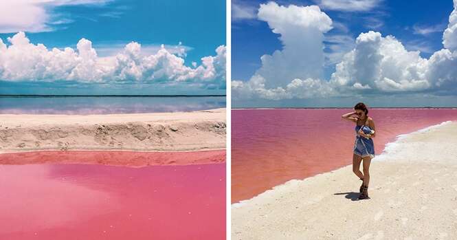 Lagoa naturalmente rosa atrai visitantes no México