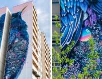 Artistas criam mural gigante em fachada de prédio com ajuda de pedras preciosas