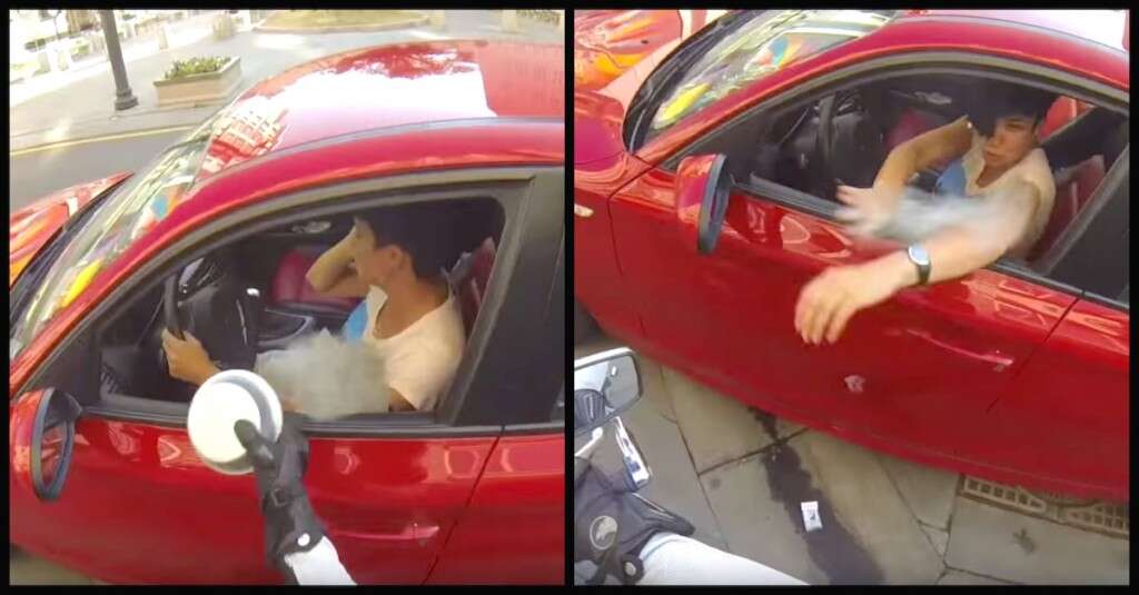 Motorista joga lixo pela janela de carro... então motociclista lhe dá uma lição