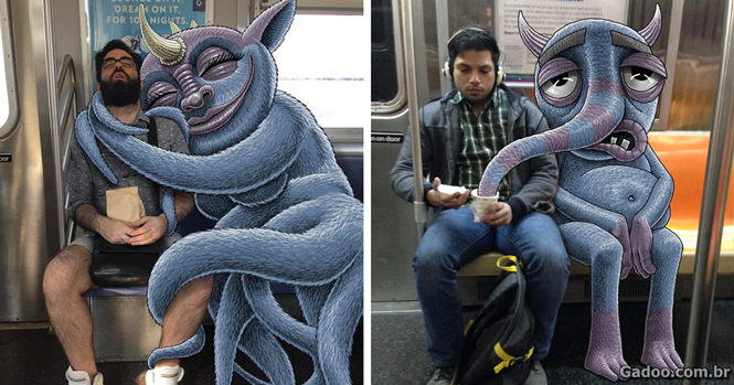 Artista cria fotos divertidas adicionando desenhos de monstros no metrô