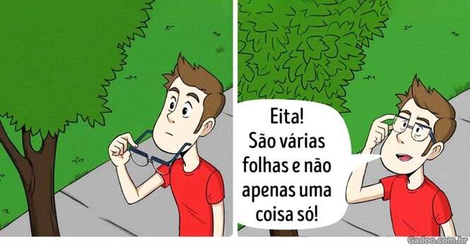 Ilustrações mostrando o que as pessoas enxergam quando usam óculos pela primeira vez