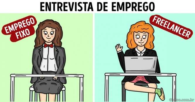 Comics mostrando a vida de quem tem emprego fixo e de quem é freelancer