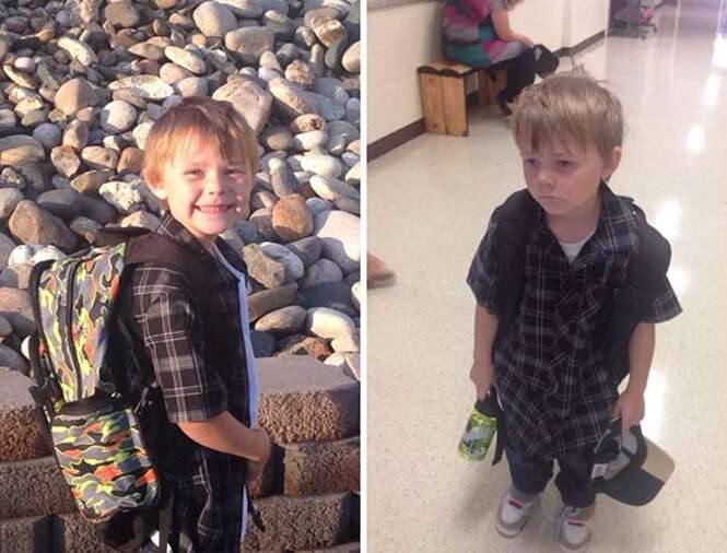 Fotos hilárias de crianças antes e depois do seu primeiro dia de aula