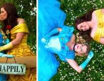 Casal homoafetivo faz sessão de fotos de noivado vestido como princesas Disney