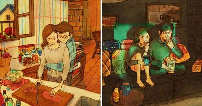 Ilustrações mostrando que o amor está nas pequenas coisas