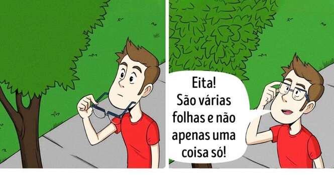 Ilustrações mostrando a vida de quem passou a usar óculos