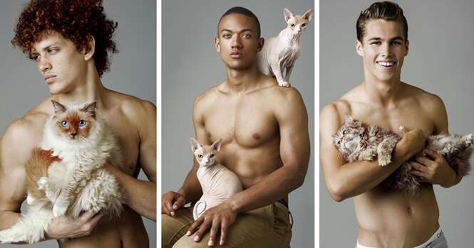 Essa sessão de fotos de modelos sem camisa com gatos vai te enlouquecer