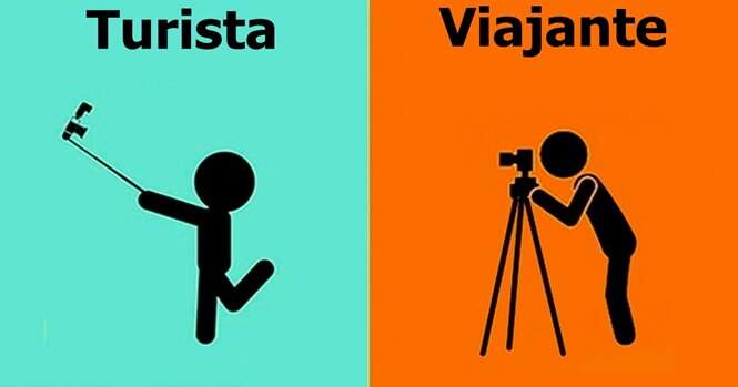 Ilustrações mostrando as diferenças entre turistas e viajantes