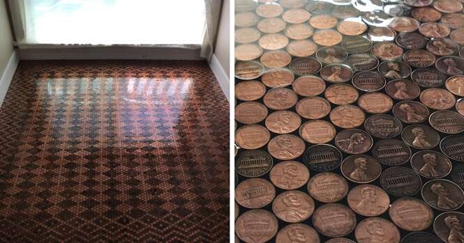 Mulher usa 13.000 moedas de um centavo para renovar piso antigo e resultado é impressionante