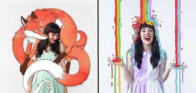 Esta jovem combina suas fotos com criativas com coloridas ilustrações