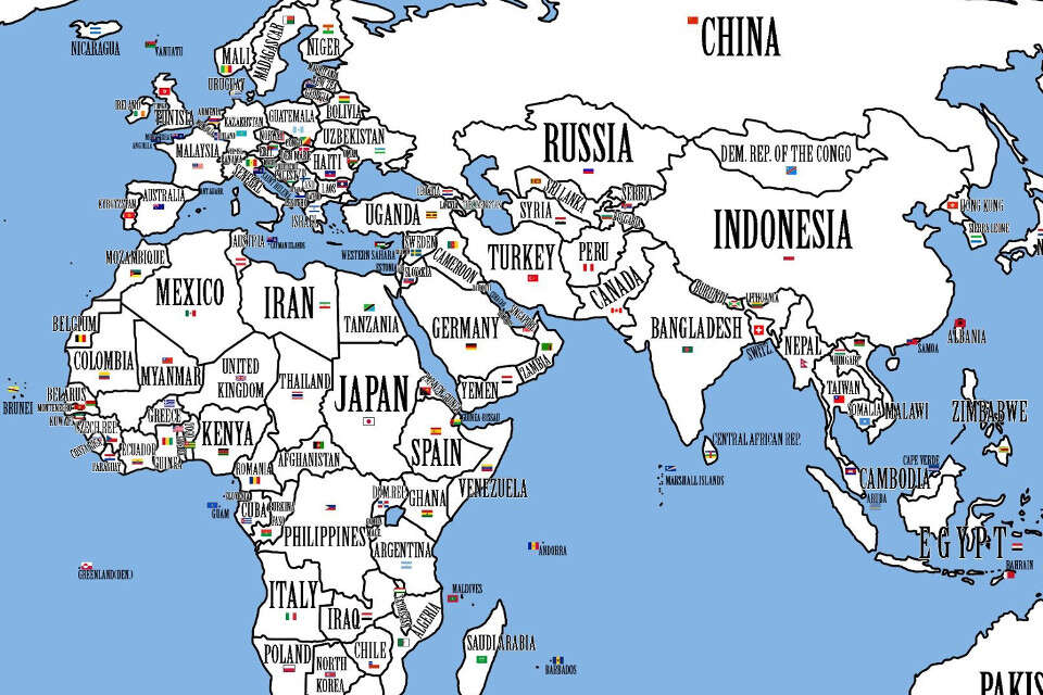 Neste mapa-múndi, os países mais populosos estão nos maiores territórios
