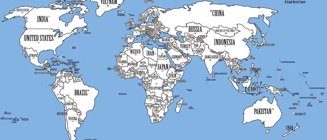 Neste mapa-múndi, os países mais populosos estão nos maiores territórios