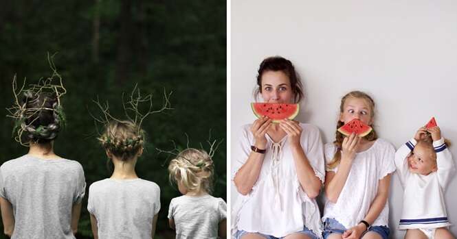 Mãe e filhas fazem adorável sessão de fotos usando roupas iguais