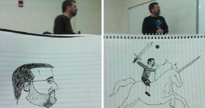 Estudante entediado faz desenhos de seu professor durante um semestre inteiro